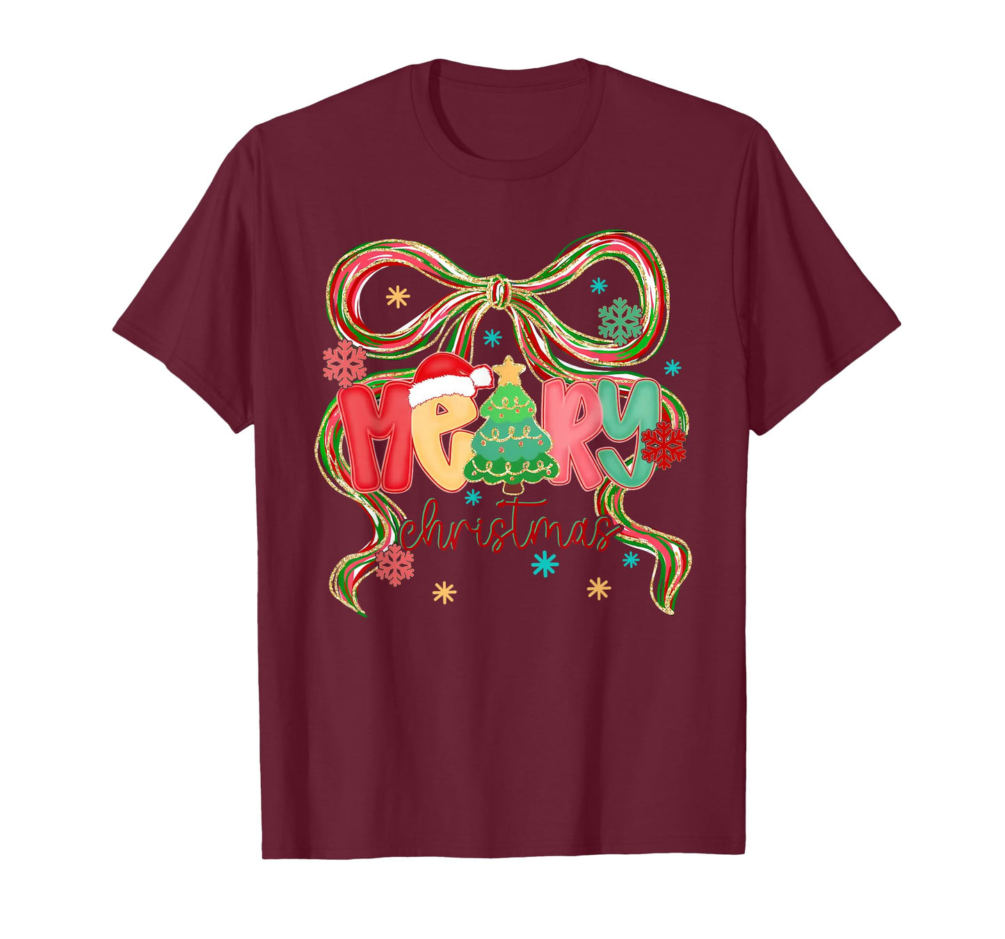 Merry Christmas Coquette Bow Xmas Tree Snowflake Holiday T-Shirt
