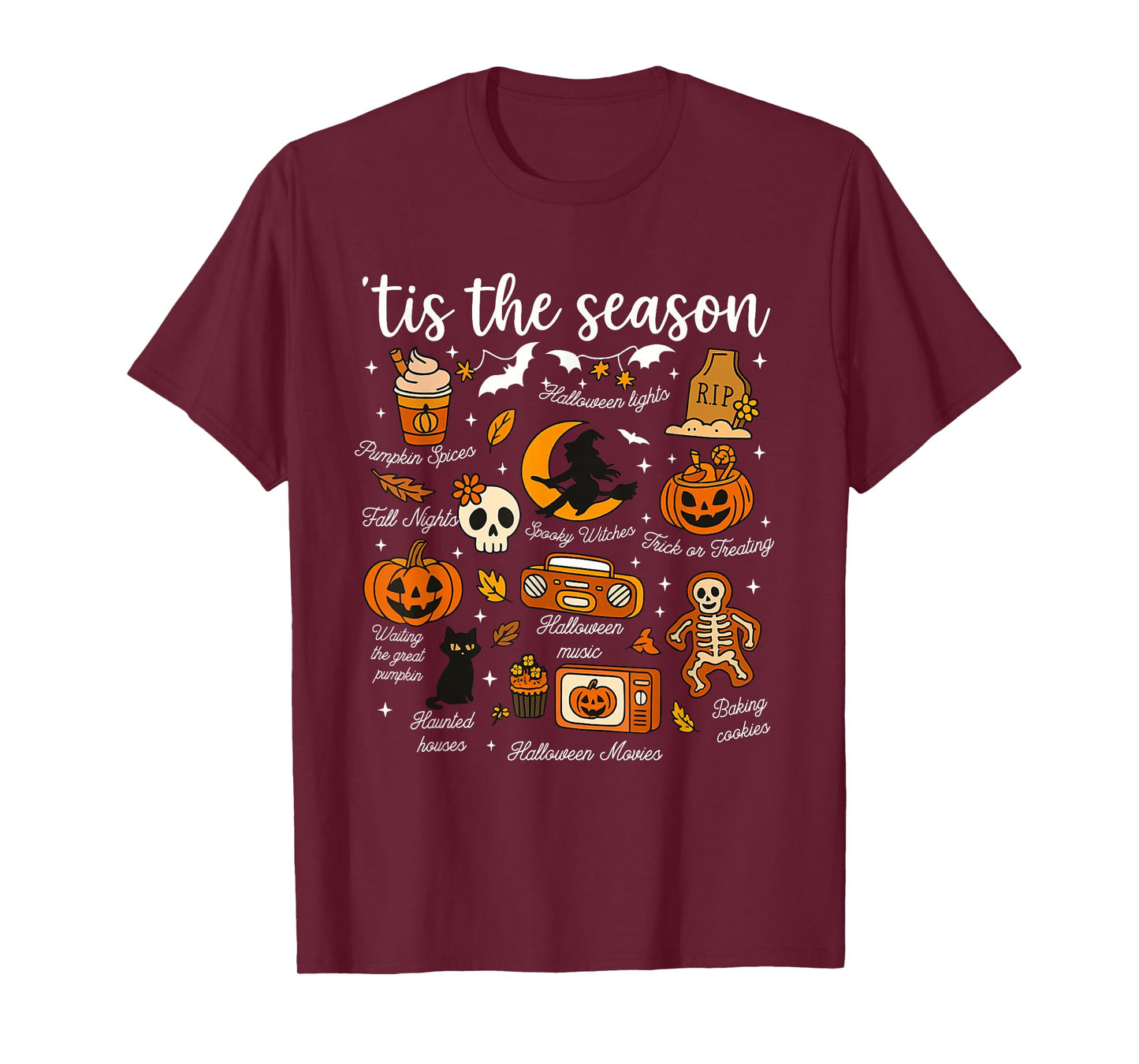 Retro Tis The Season Pumpkin Leaves Autumn Halloween Outfit T-Shirt