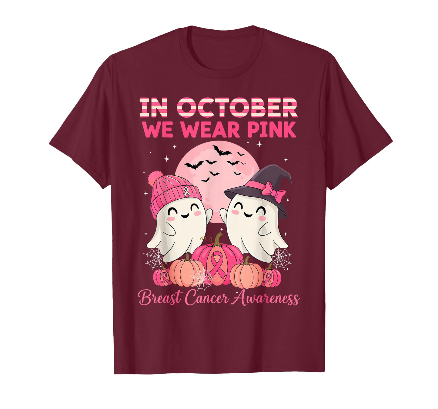 in October We Wear Pink Ghost Witch Breast Cancer Awareness T-Shirt