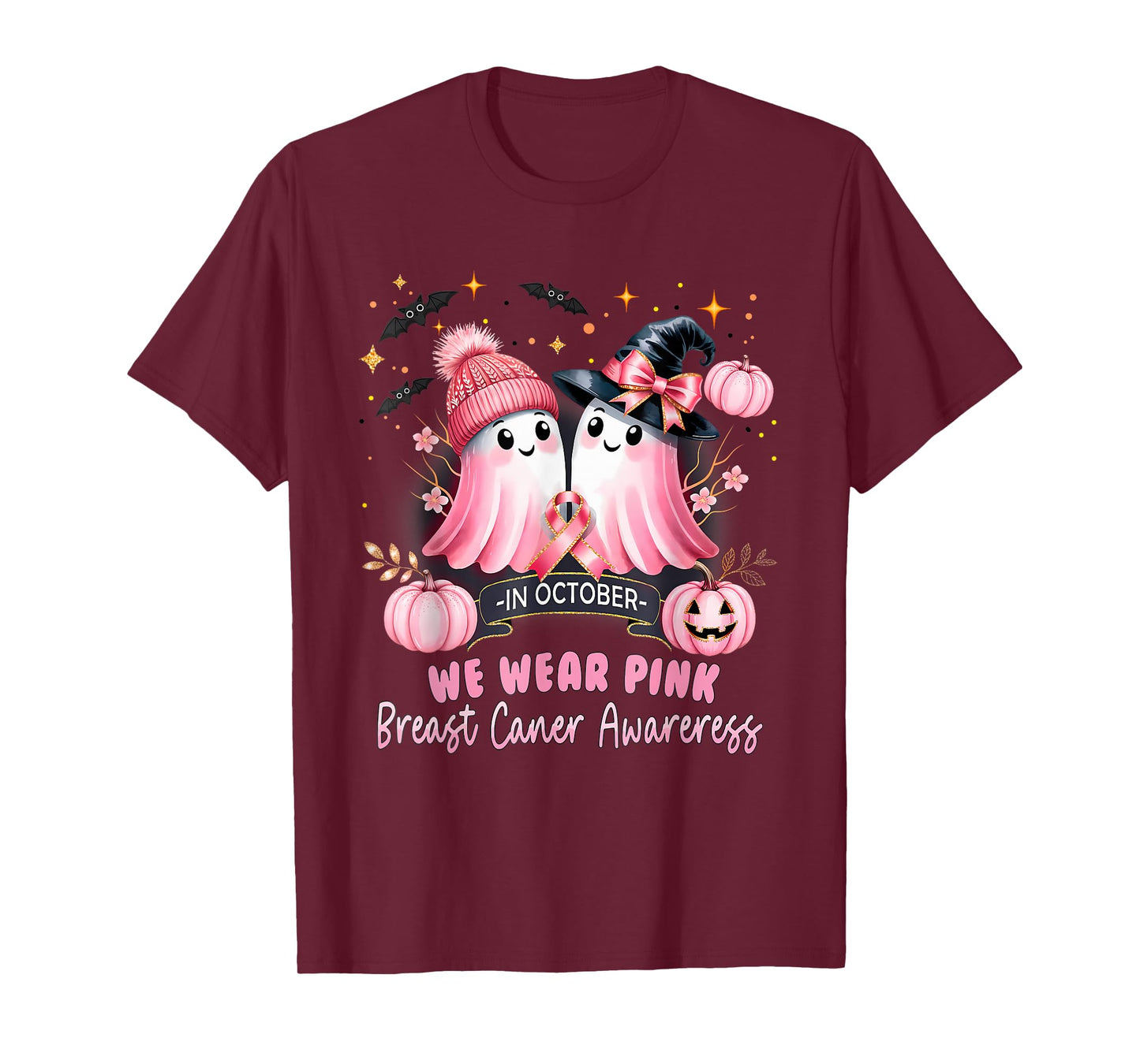 in October We Wear Pink Ghost Witch Breast Cancer Awareness T-Shirt