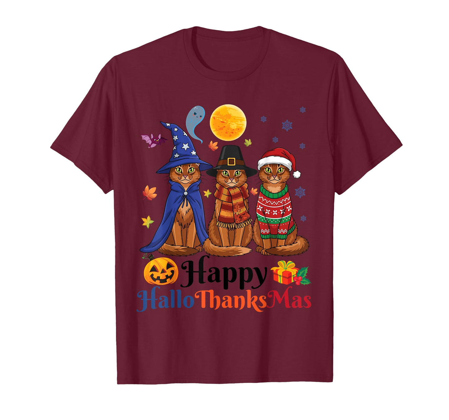 HalloThanksMas Somali Cats Halloween Thanksgiving Christmas T-Shirt