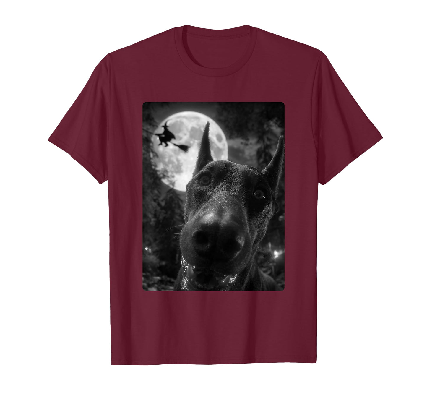 Funny Doberman Selfie Full Moon Flying Witch Halloween Dog T-Shirt