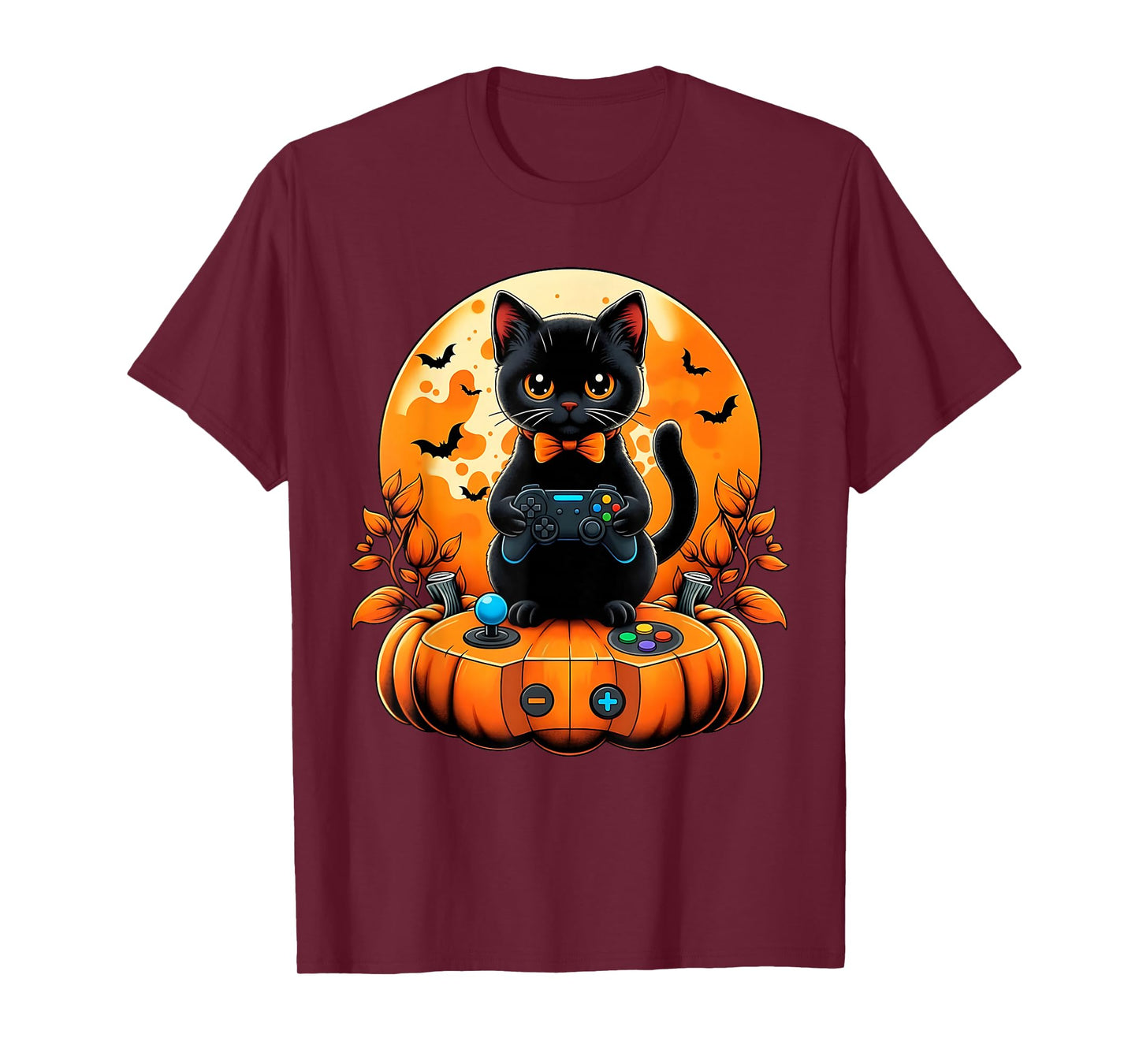 Retro Black Cat Halloween Gaming Fall Autumn Pumpkin Spooky T-Shirt