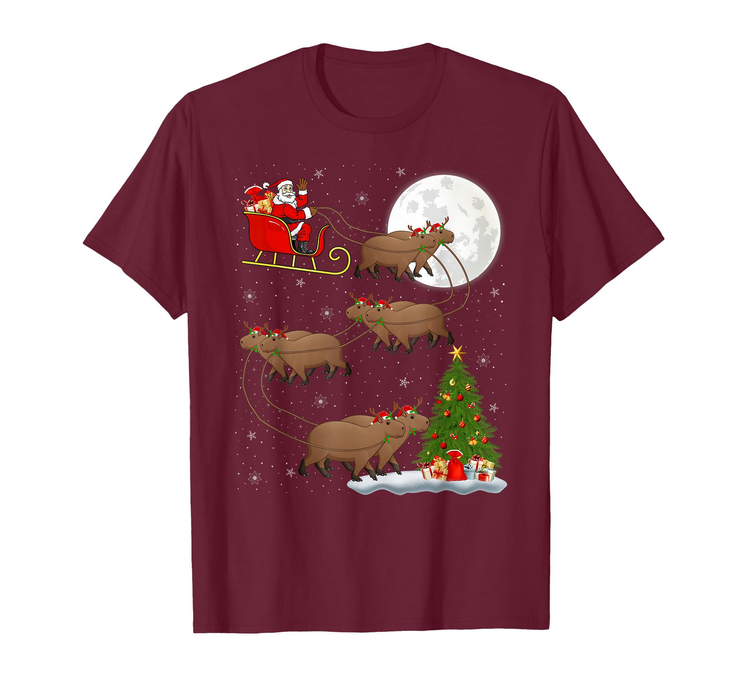 Capybara Santa Sleigh Flying Funny Magical Christmas T-Shirt