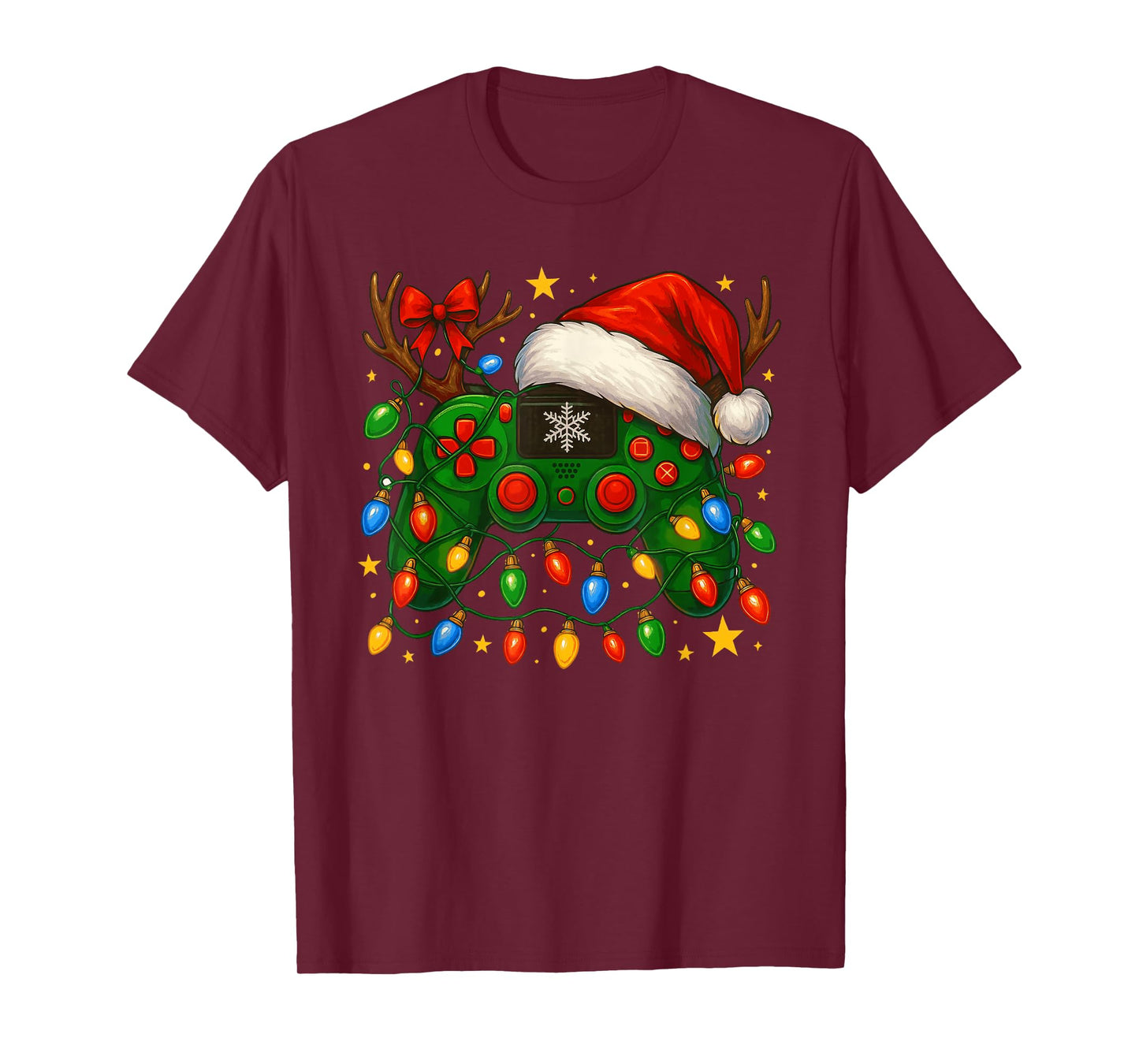 Video Game Controller Christmas Lights Santa Hat Reindeer T-Shirt