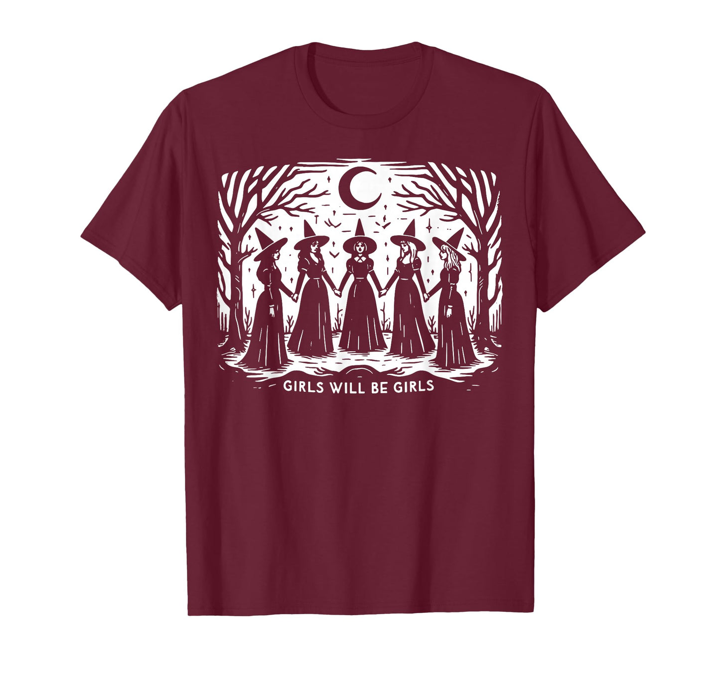 Vintage Witchy Girls Holding Hands Under Moonlight Spooky T-Shirt