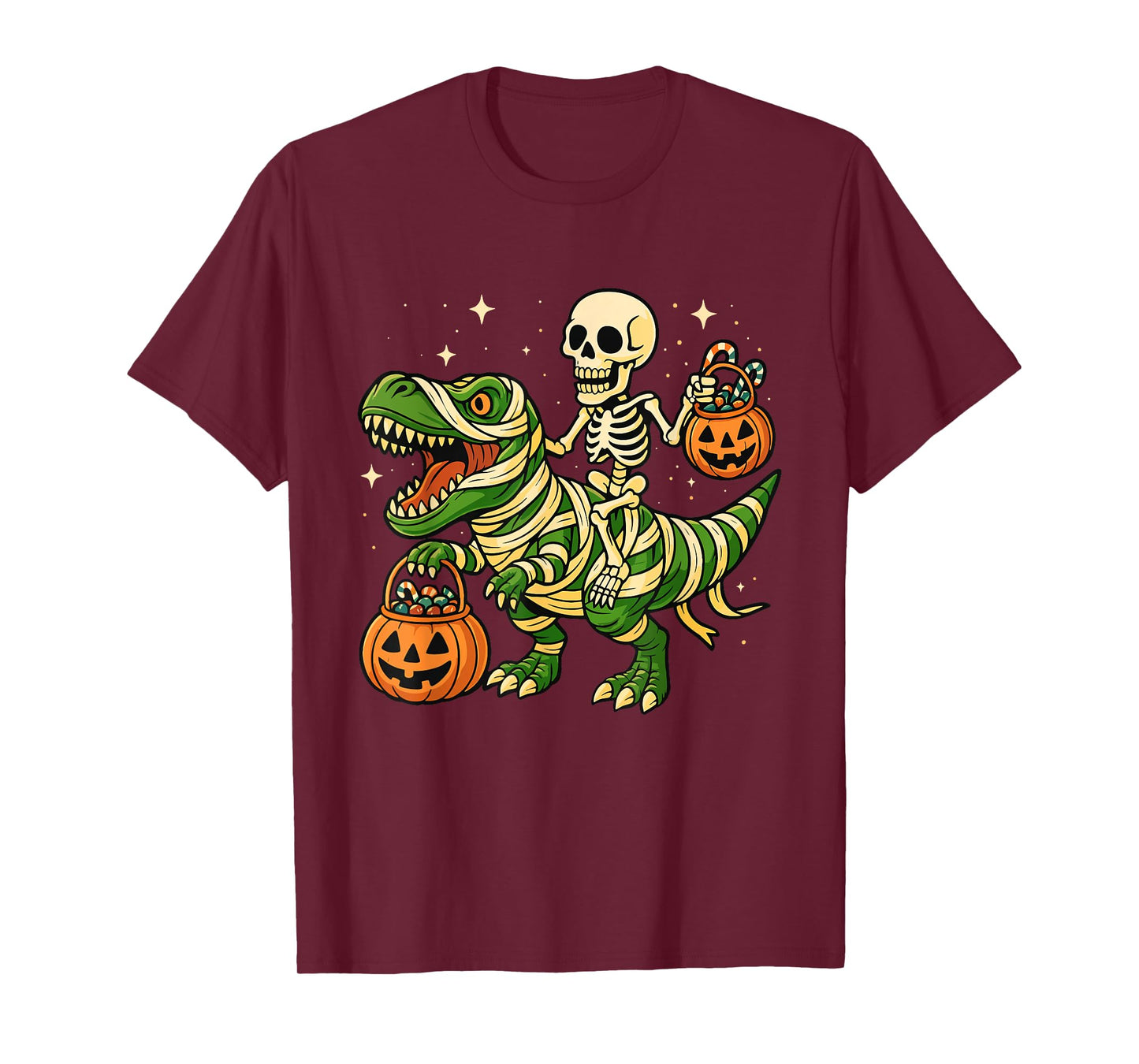 Skeleton Riding T-Rex - Spooky Halloween Jack O'Lantern T-Shirt