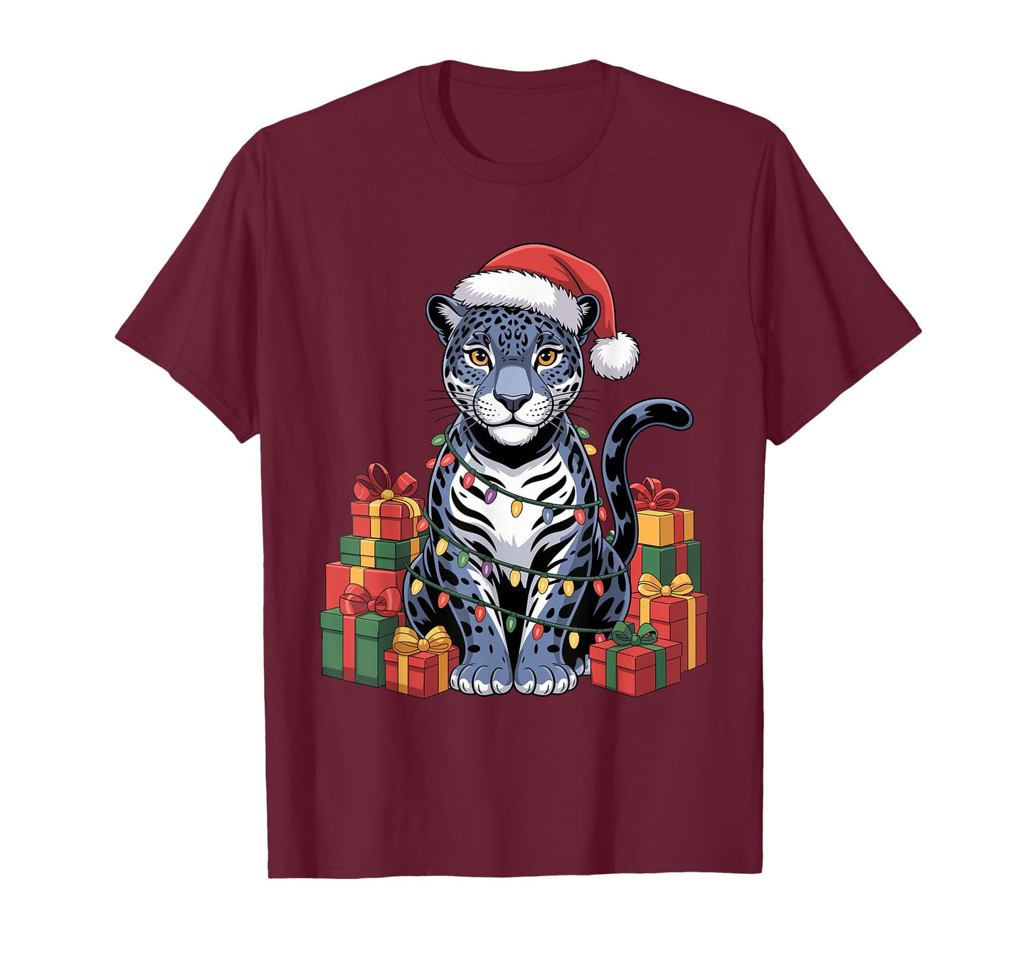 Funny Jaguar Santa Hat Animals Lovers Ugly Christmas Pajamas T-Shirt