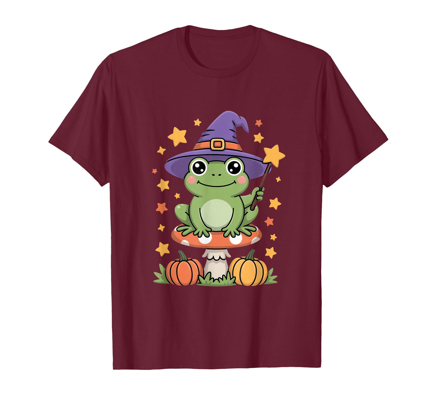 Cute Frog Witch On Mushroom with Pumpkins and Stars T-Shirt