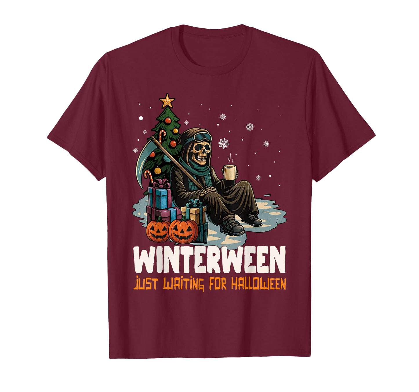 Winterween Just Waiting for Halloween Christmas Skeleton T-Shirt