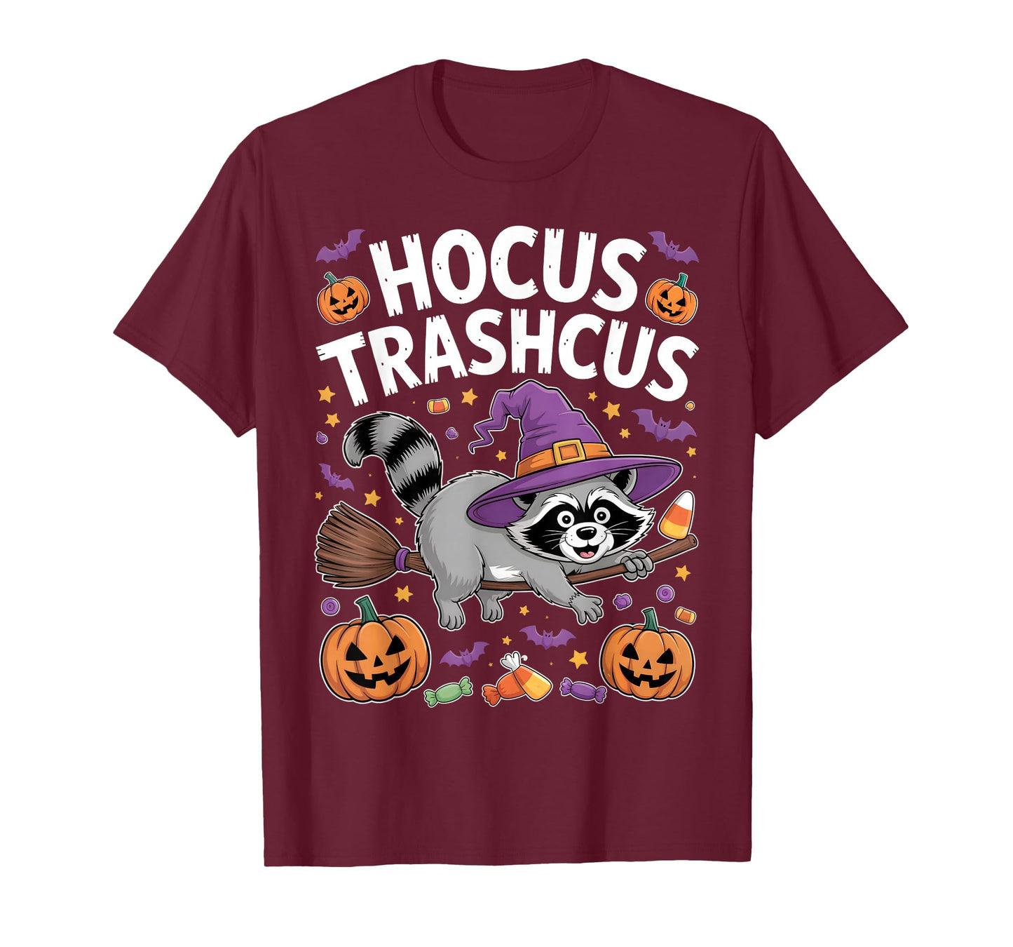 Hocus Trashcus Raccoon Witch Hat Broom Pumpkin Bat Halloween T-Shirt
