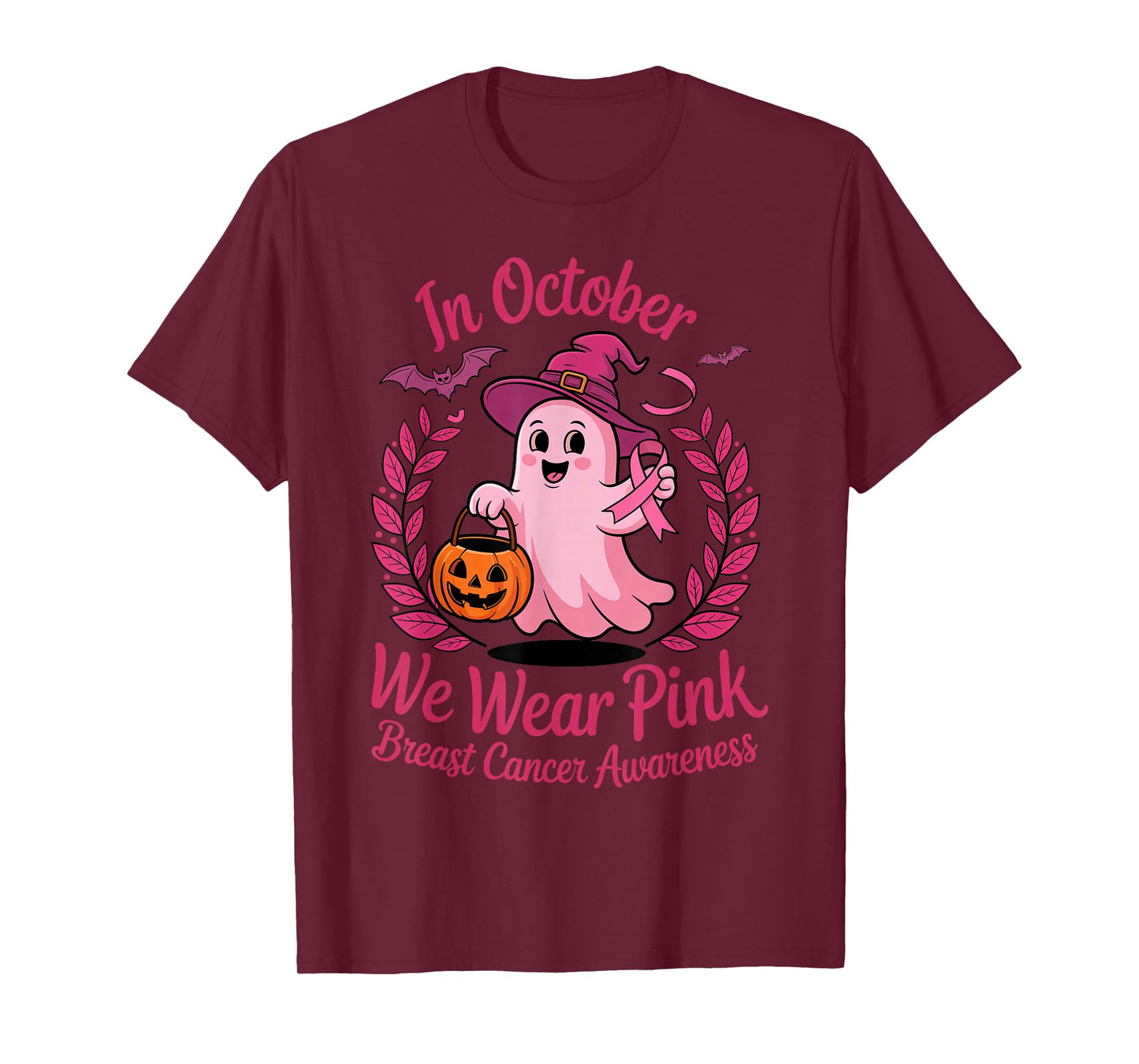 Breast Cancer Awareness Cute Ghost Witch Pink Ribbon Support T-Shirt