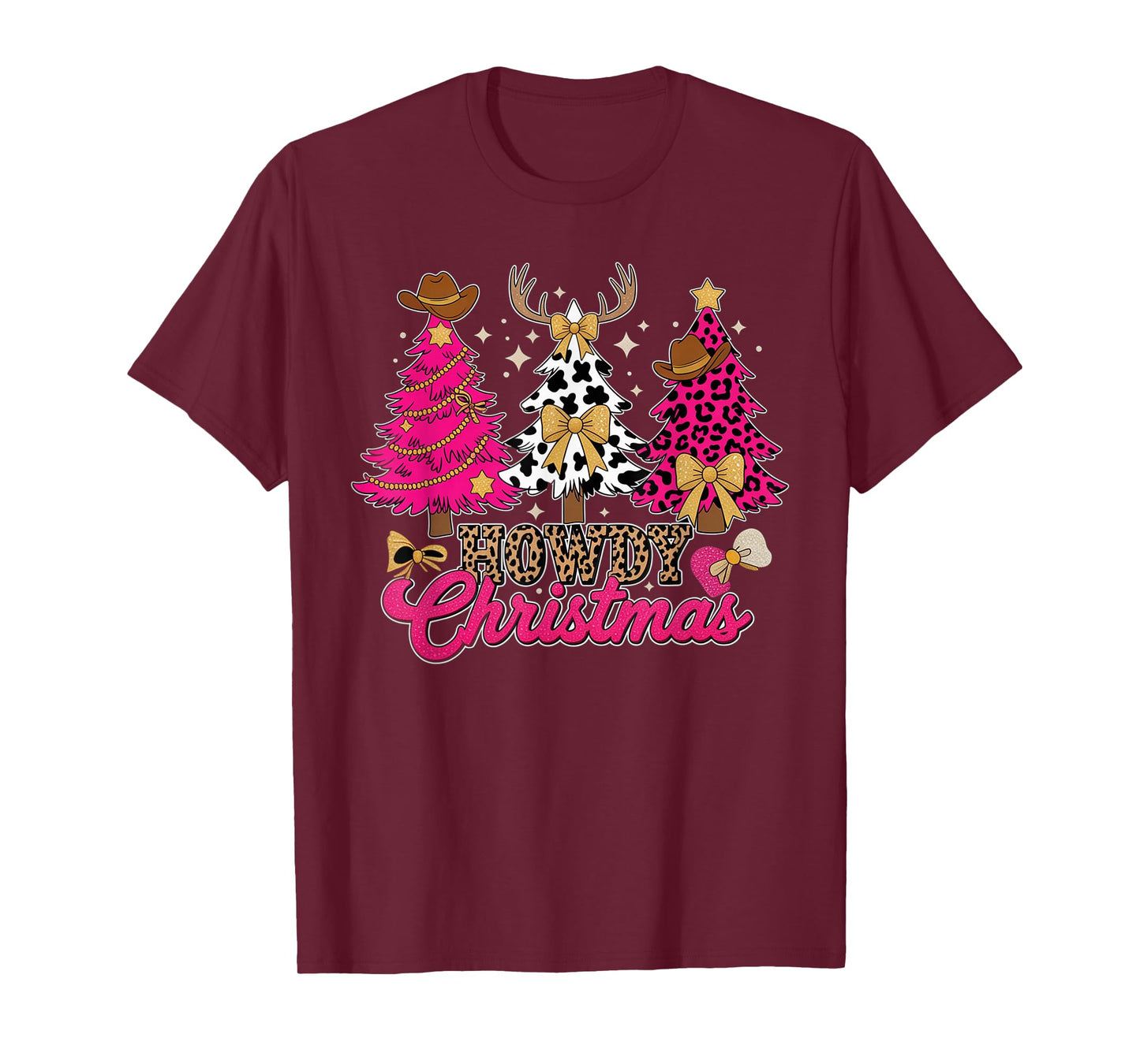 Howdy Christmas Pink Leopard Cow-Print Tree Coquette Cowgirl T-Shirt