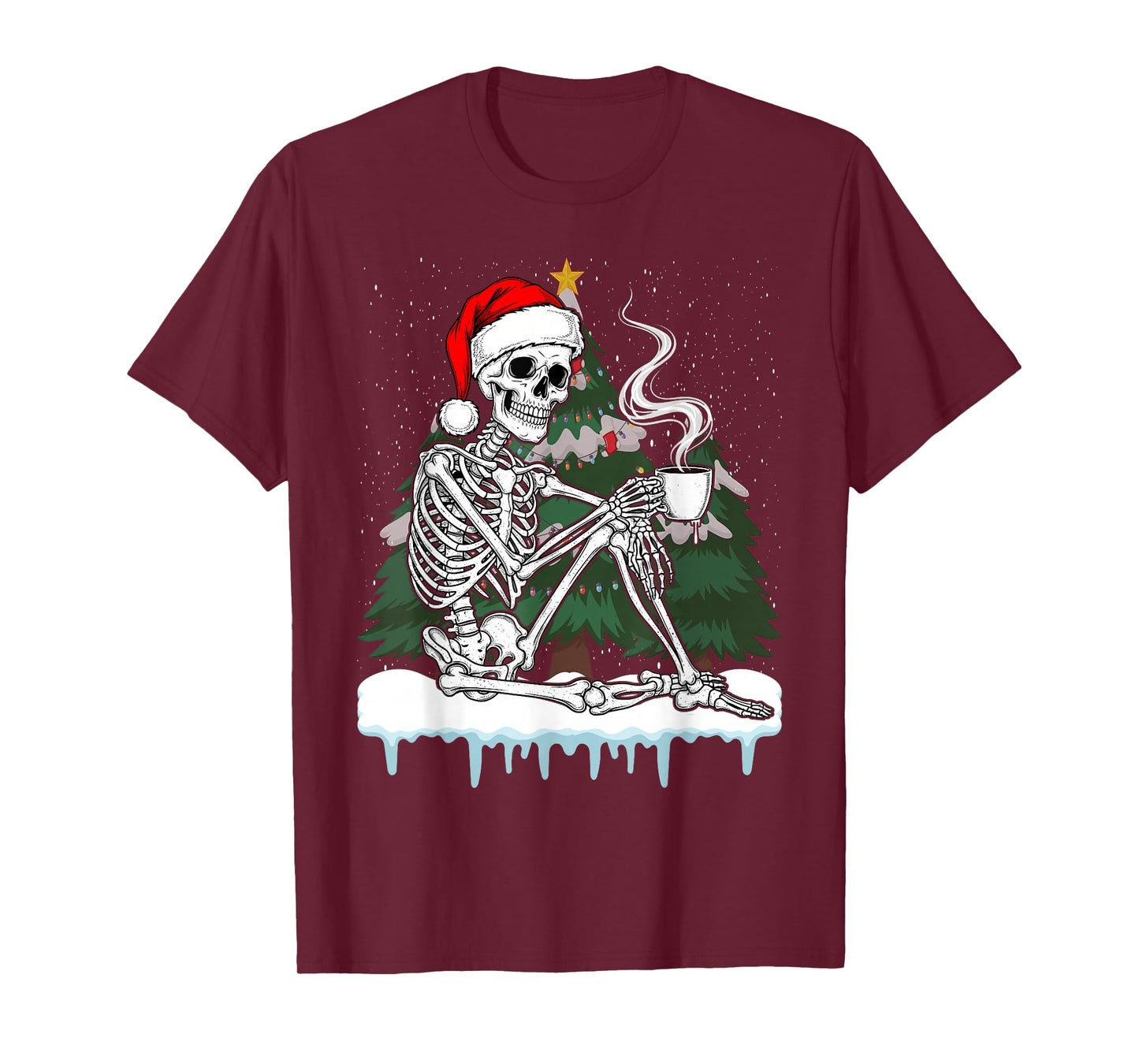 Coffee Drinking Skeleton Santa Christmas Funny X-Mas Pajama T-Shirt