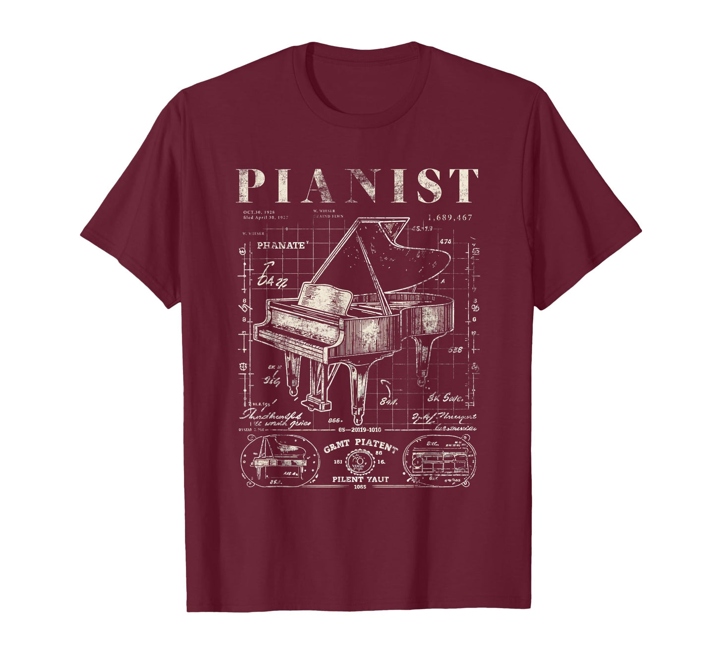 Old Grand Piano Shirt Vintage Patent Drawing Print Pianist T-Shirt