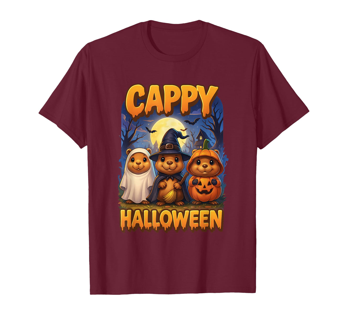 Cappy Halloween Funny Three Capybara Ghost Witch Pumpkin T-Shirt