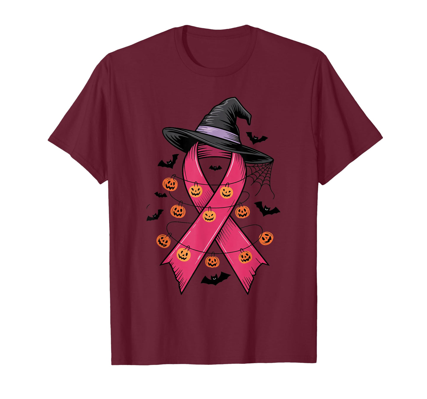 Pink Ribbon Witch Hat Halloween Pumpkins Bats Breast Cancer T-Shirt