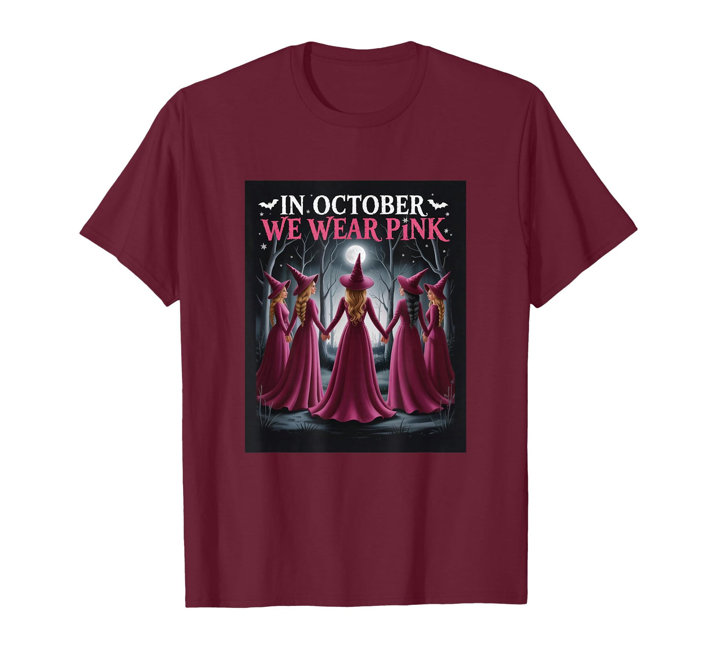 in October We Wear Pink - Witch & Ghost Halloween Cancer T-Shirt