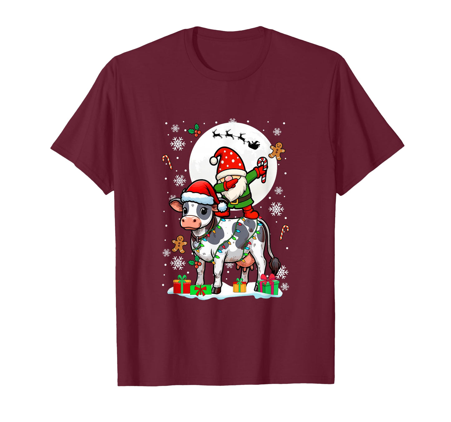 Dabbing Gnome On Cow Christmas Santa Colorful Lights T-Shirt