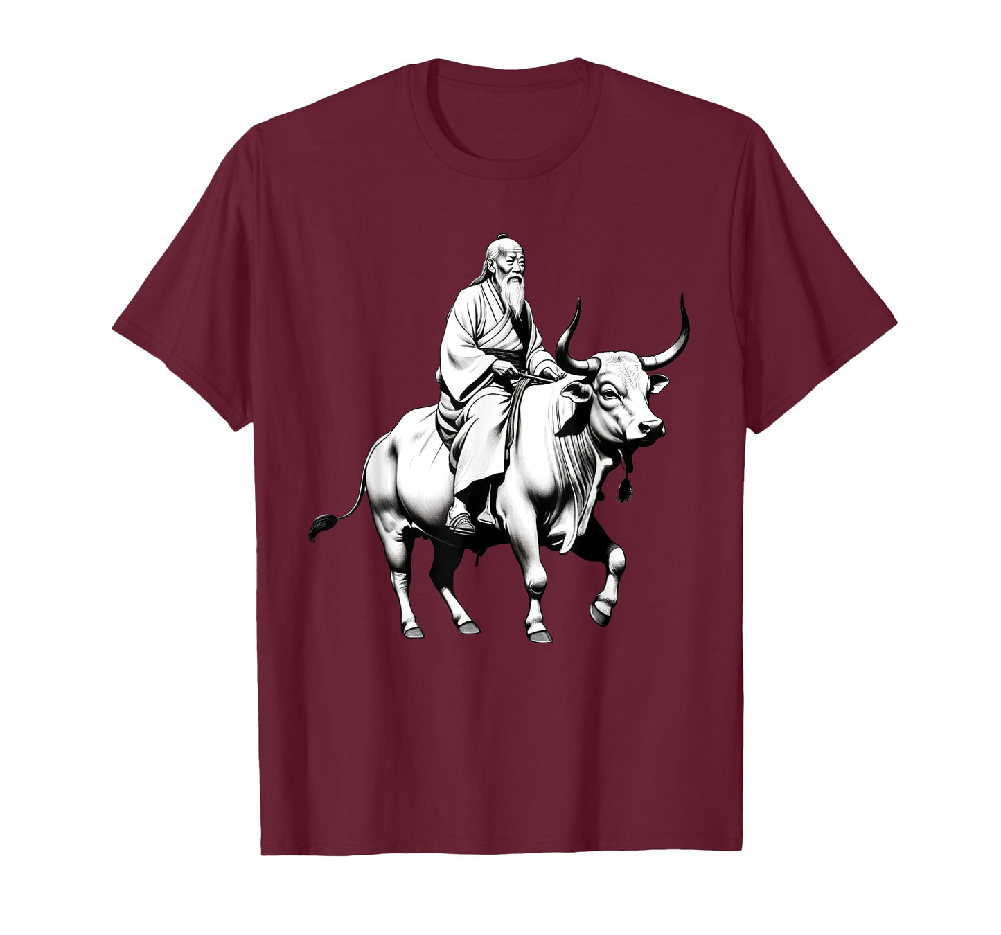 Vintage Spiritual Design Lao Tzu Riding An Ox, Tao Te Ching Unisex-Adults, Unisex-Kids Grey Short Sleeve Classic Fit Polyester T-Shirt