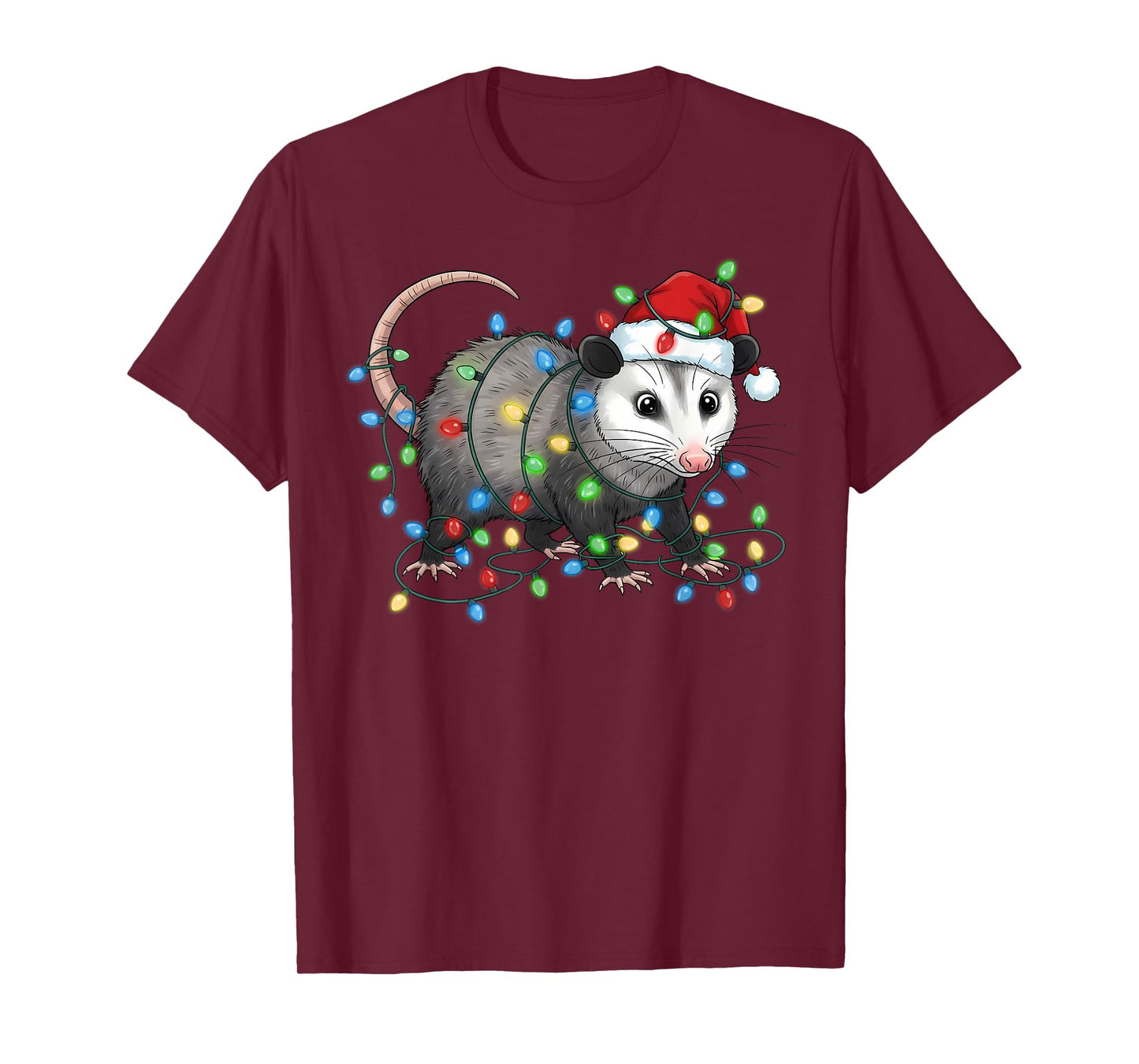 Cute Opossum Tangled in Christmas Lights Wearing Santa Hat T-Shirt