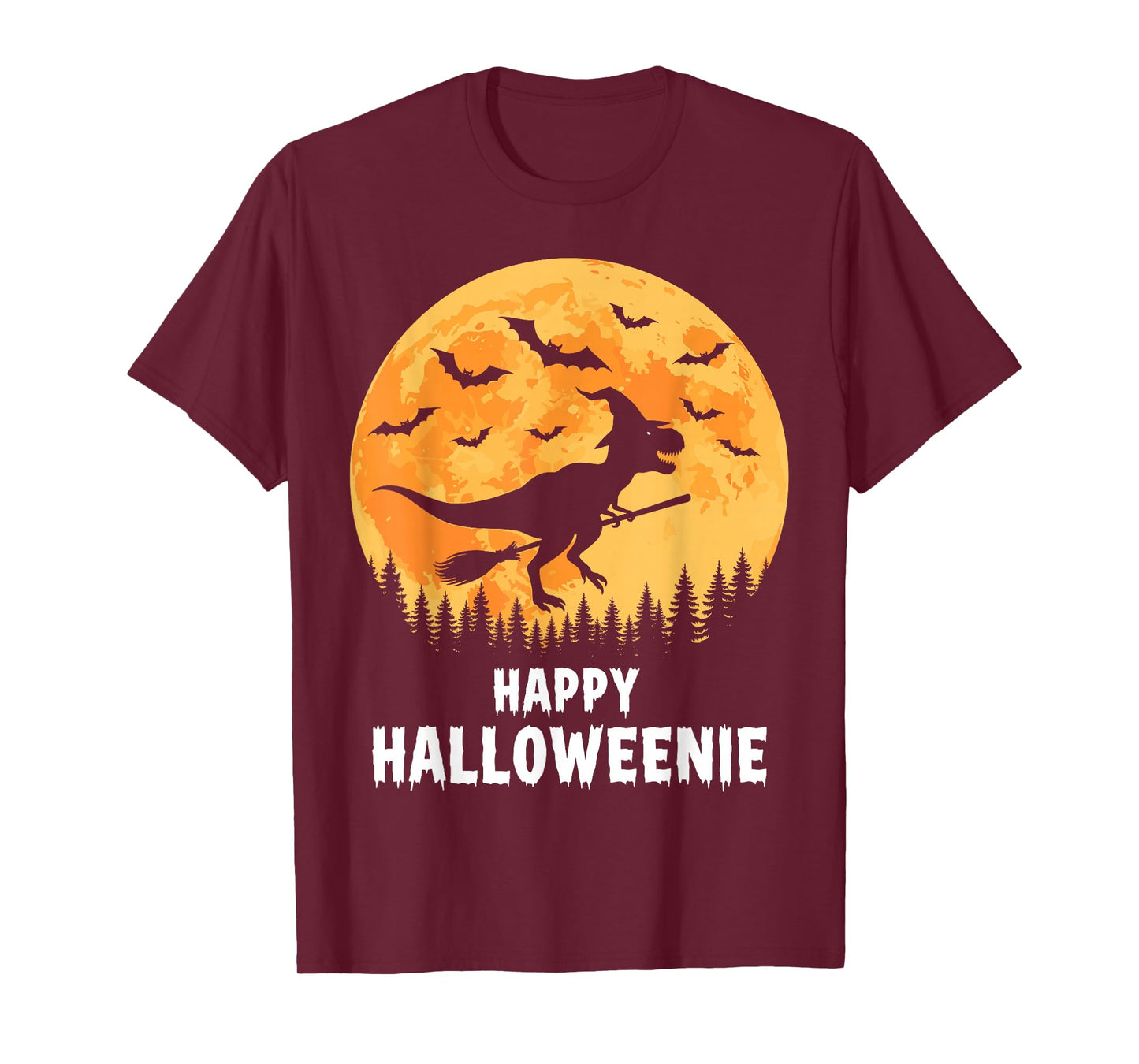 Happy Halloweenie Funny Dinosaur T Rex Flying Witch T-Shirt