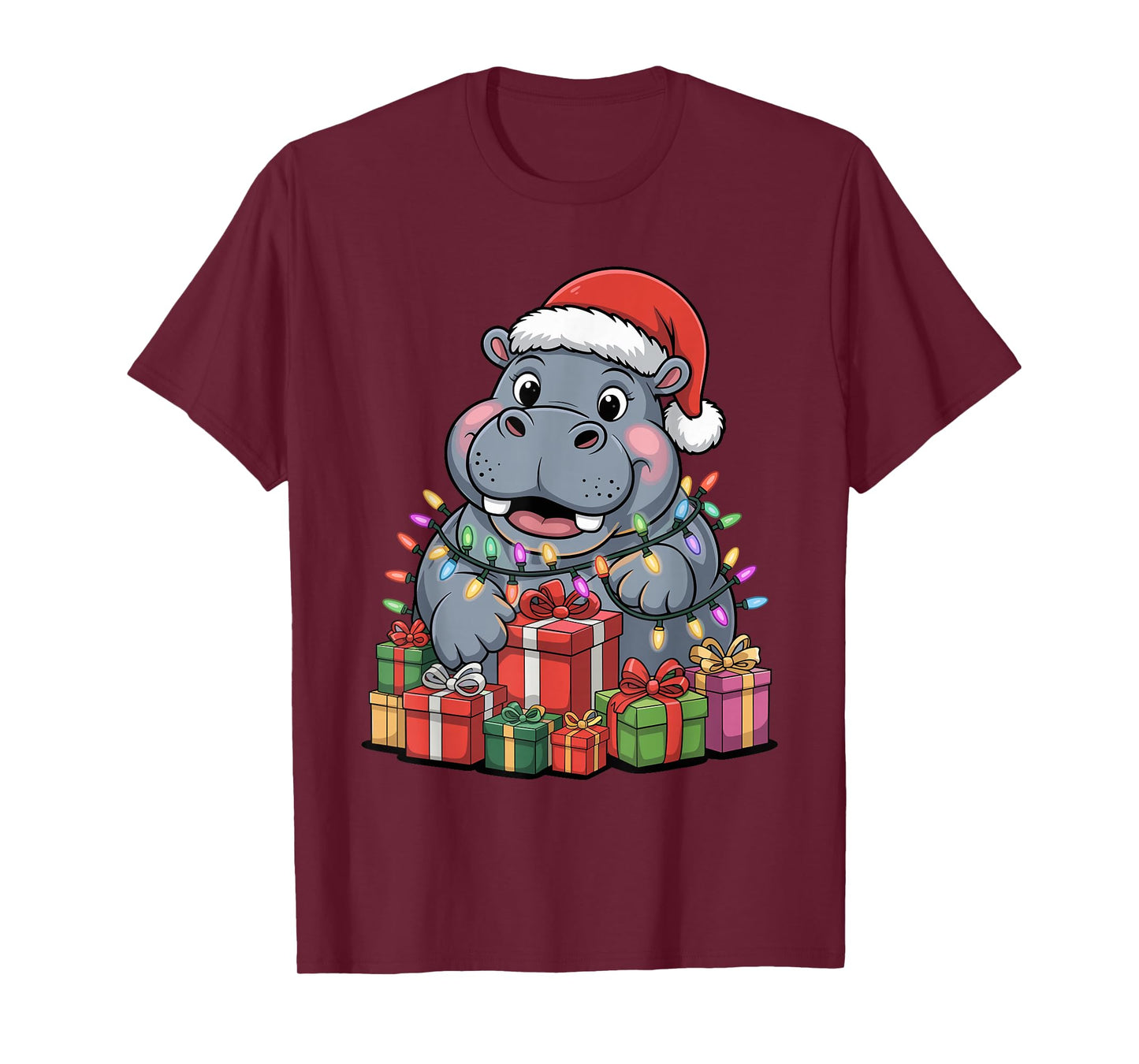 Hippopotamus Santa Hat Christmas Design Funny Animal Lovers T-Shirt