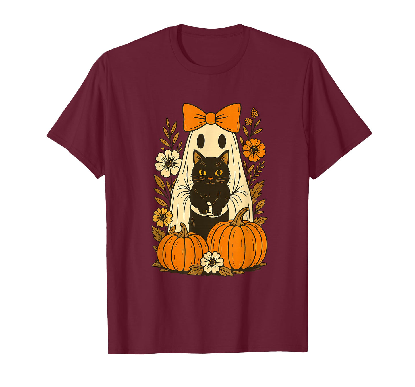 Vintage Halloween Ghost Holding Black Cat Groovy Floral T-Shirt