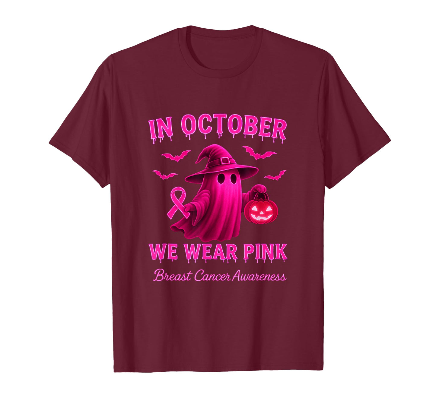 Breast Cancer Awareness Ghost Witch in October We Wear Pink T-Shirt
