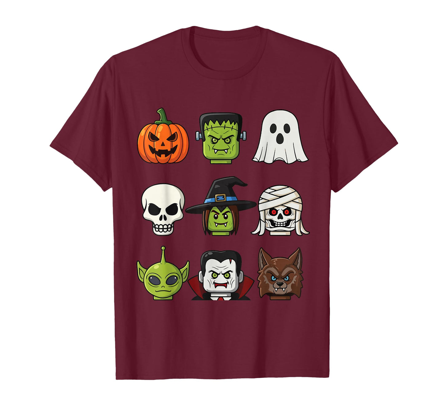 Spooky Halloween Faces Frankenstein Pumpkin Mummy Alien Wolf T-Shirt