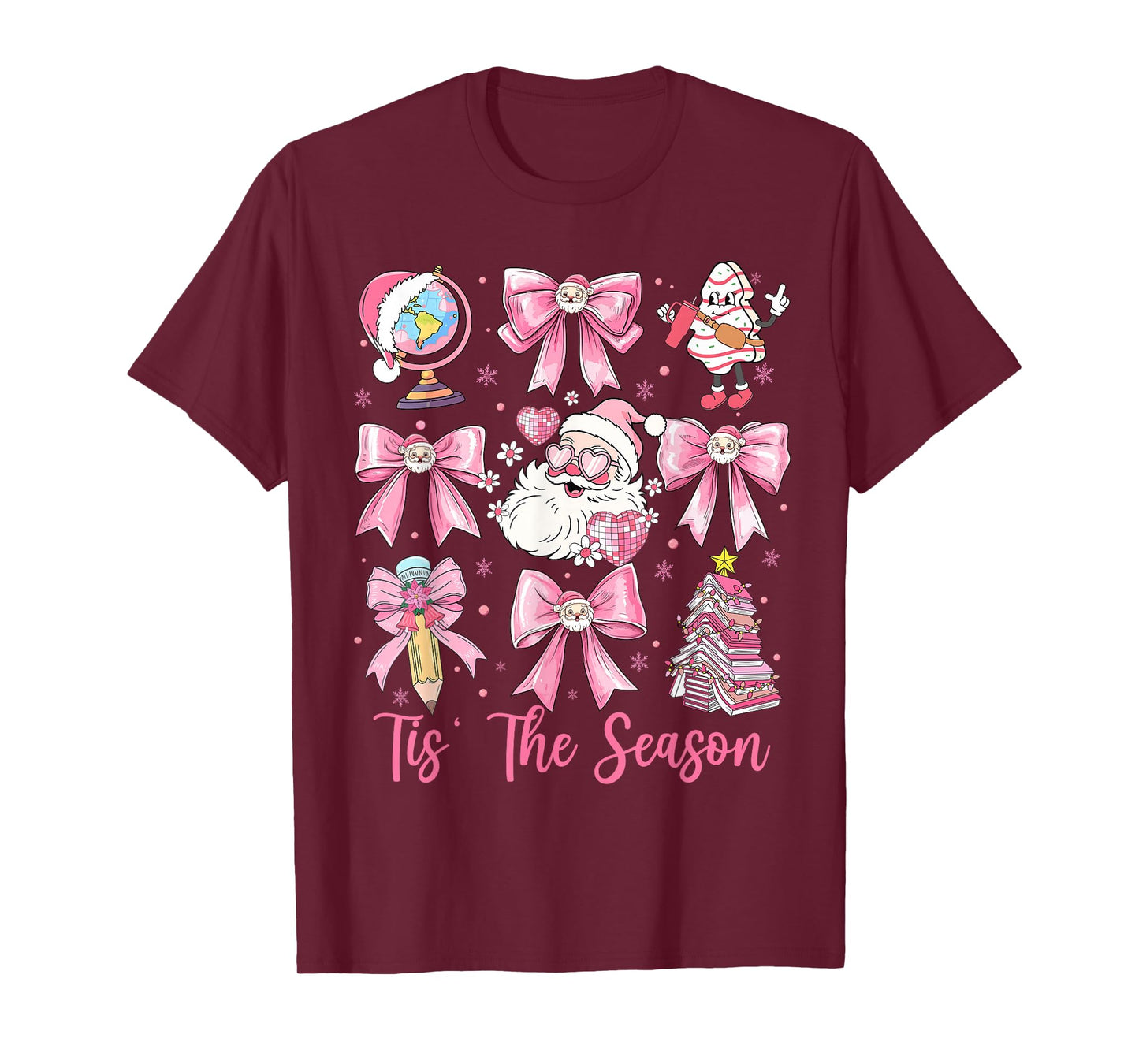 Tis The Season Pink Santa Claus Coquette Bow Teacher Girls T-Shirt