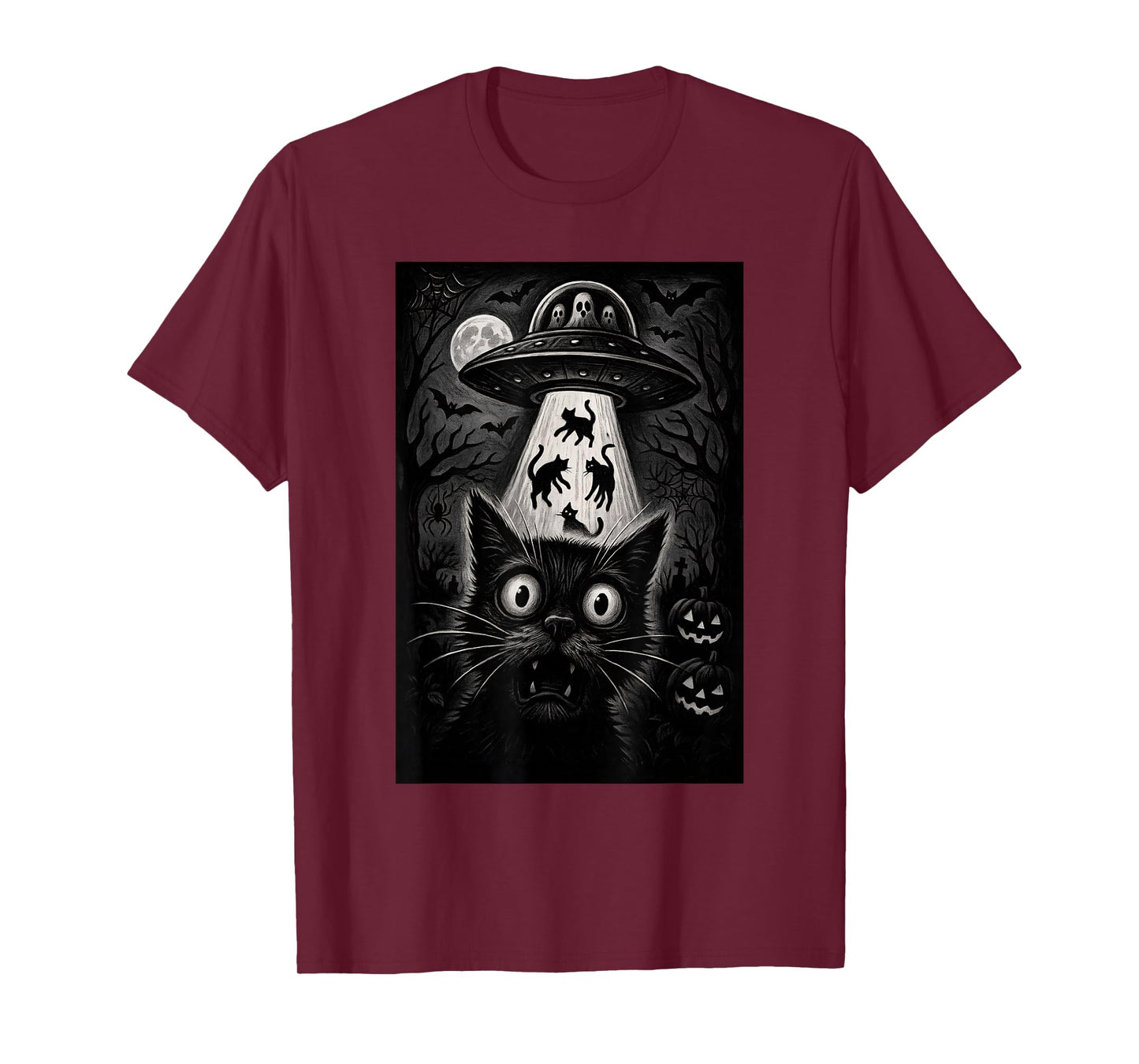 Halloween Cat Selfie Scary Alien Abduction Cats UFO Flying T-Shirt