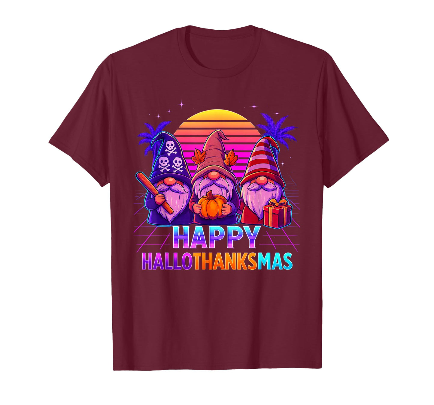 HalloThanksMas Gnomes Halloween Thanksgiving Christmas Happy T-Shirt