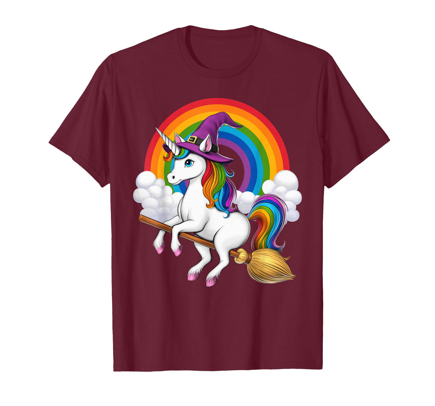 Unicorn Witch Riding Broom Halloween Wiccan Spooky Rainbow T-Shirt