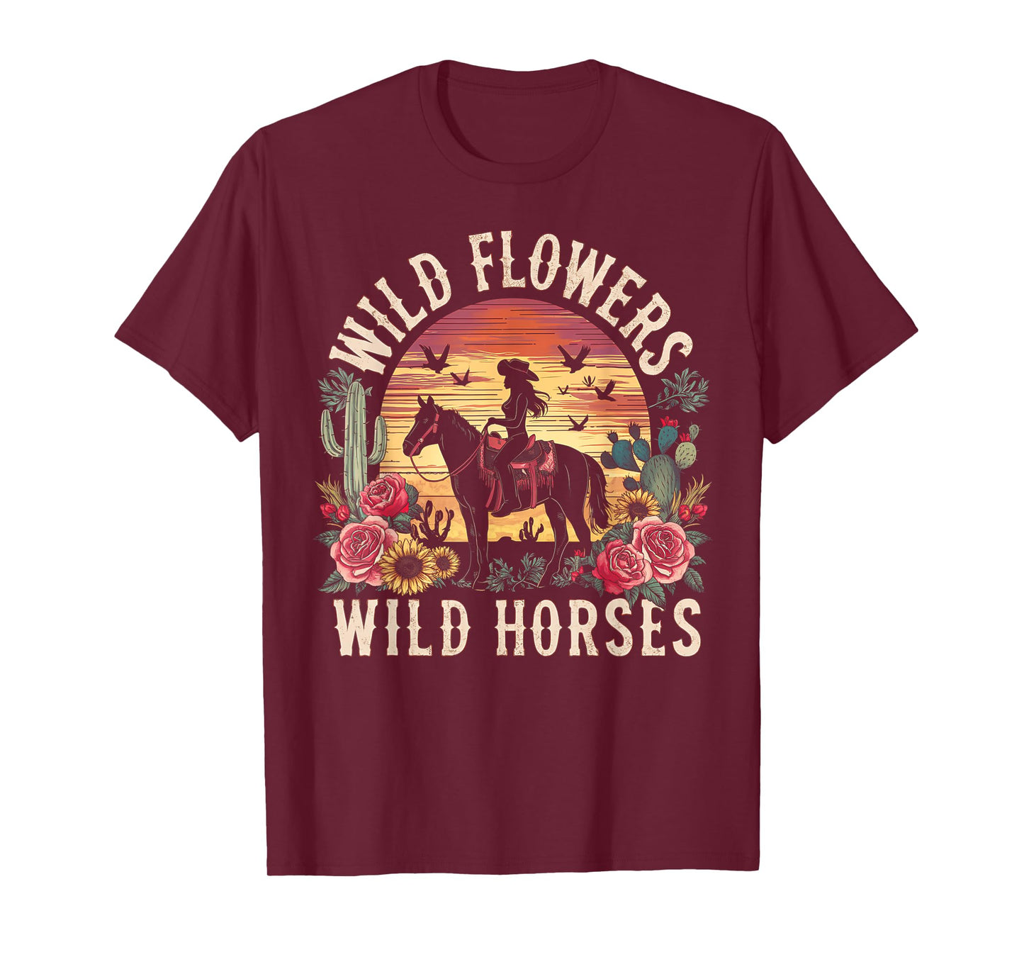 Retro Southern Sunset Cowgirl Wild Flowers Wild Horses T-Shirt