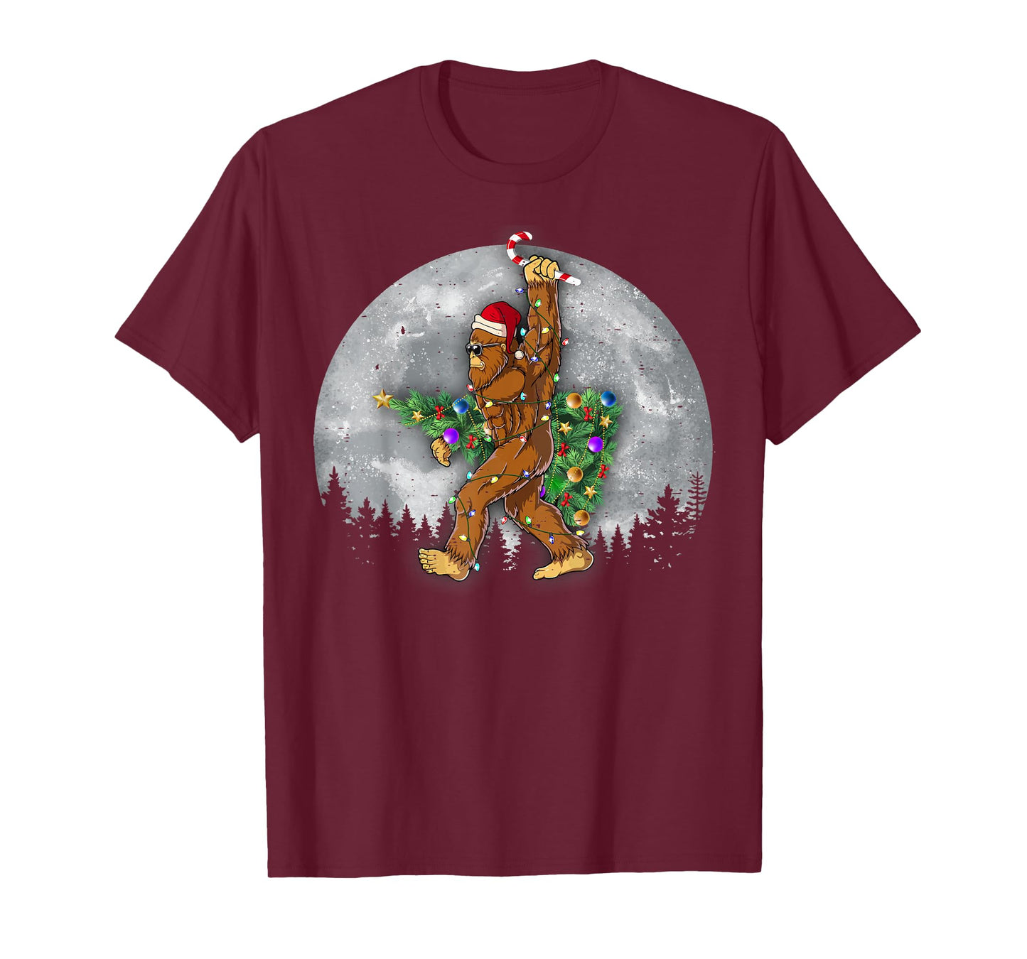 Santa Bigfoot Christmas Tree Xmas Lights Funny Sasquatch T-Shirt