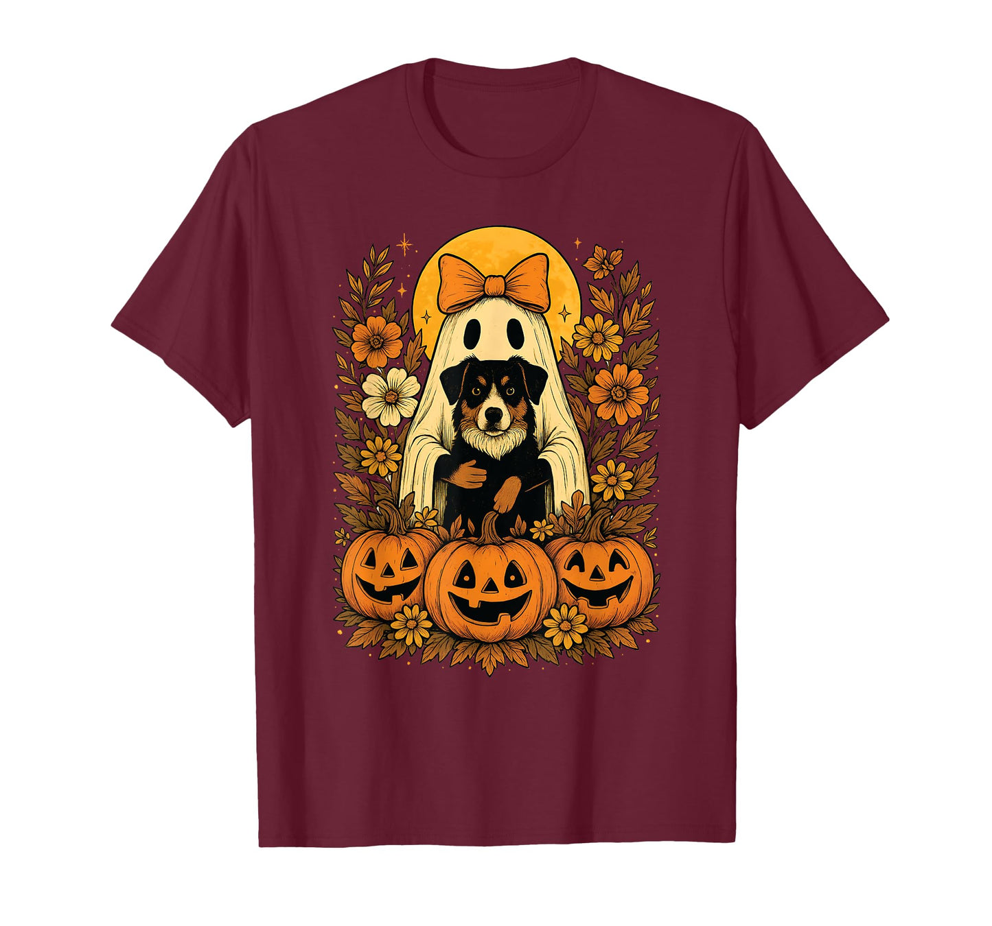 Vintage Halloween Ghost Holding Australian Shepherd Dog T-Shirt