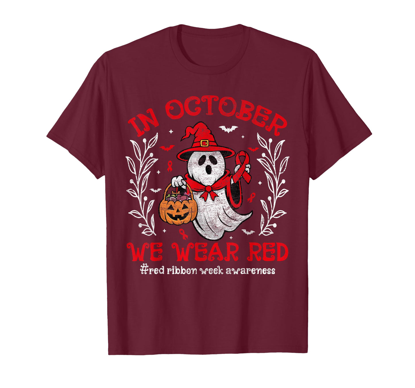 In October We Wear Red For Red Ribbon Week Awareness Ghost T-Shirt