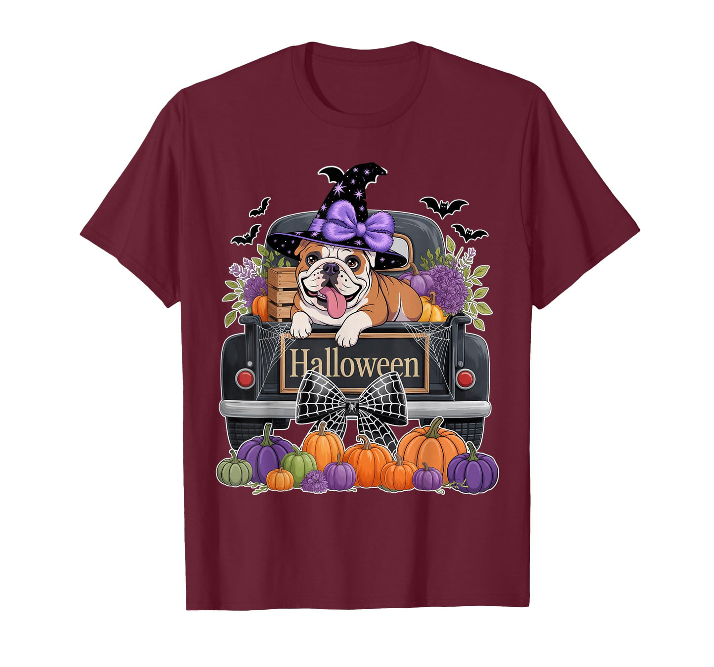 English Bulldog Witch Hat Truck Pumpkin Dog Lovers Halloween T-Shirt