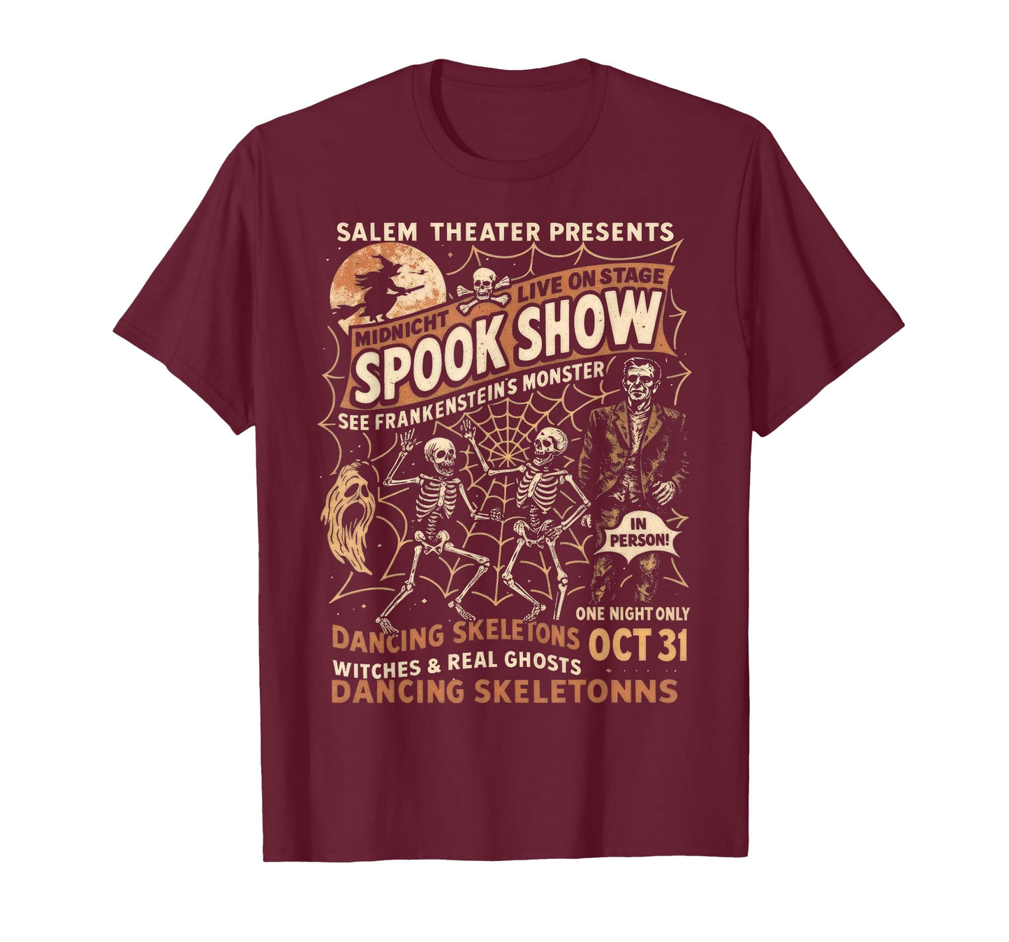 Vintage Halloween Spook Show Witch Dancing Skeletons Monster T-Shirt
