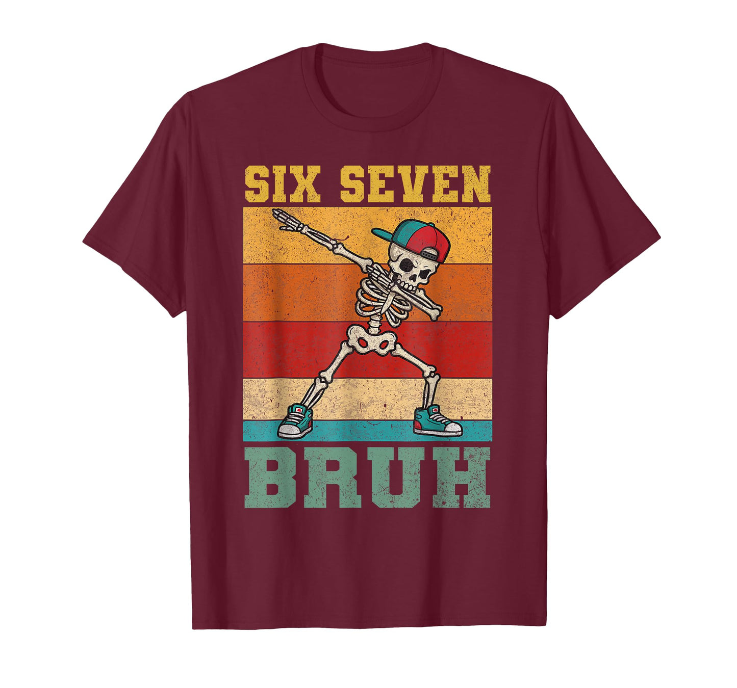 Six Seven 6 7 Bruh Skeleton Dabbing Boys Kids Vintage Meme T-Shirt