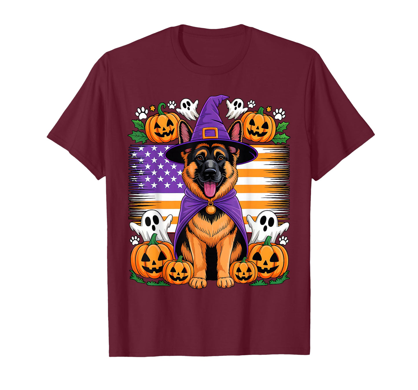German Shepherd Cosplay Witch Halloween Owner Horror US Flag T-Shirt