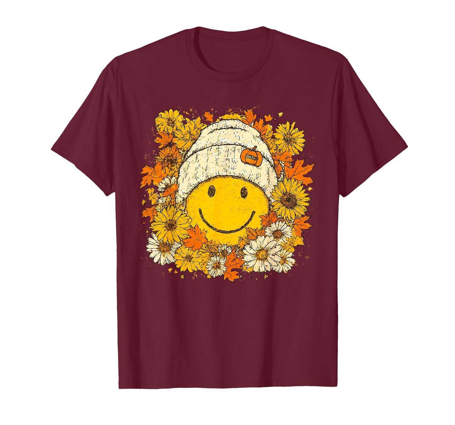 Retro Boho Fall Smile Face Floral Pumpkin Autumn Women Kids T-Shirt