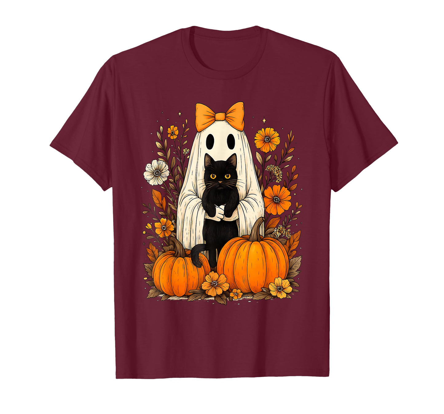 Vintage Halloween Ghost Holding Black Cat Groovy Floral T-Shirt