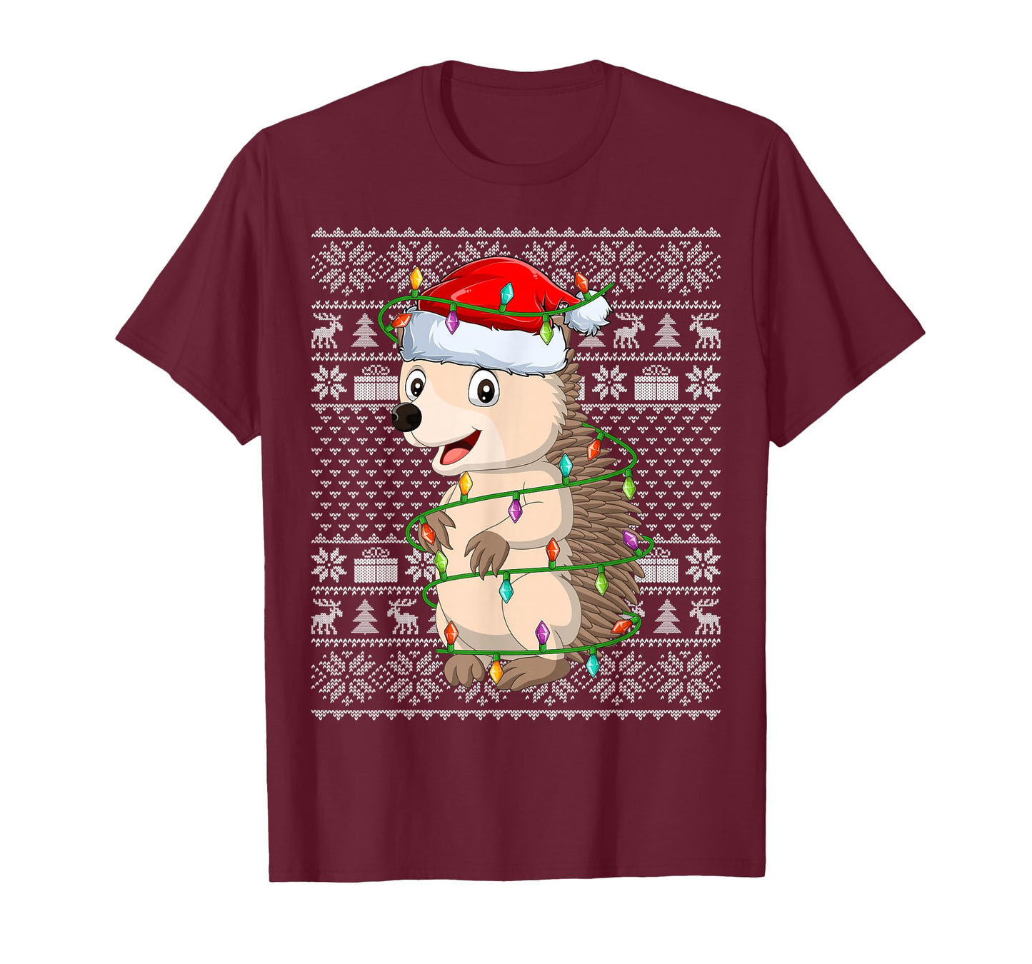 Hedgehog Christmas Lights Ugly Sweater Funny Santa Hat Xmas T-Shirt