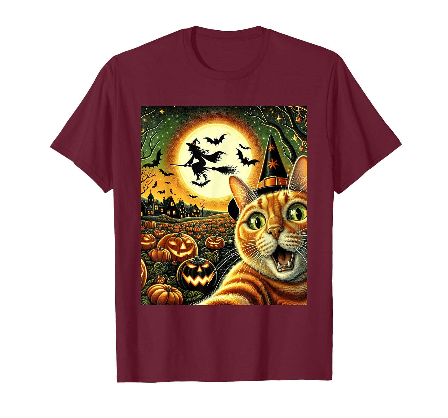 Selfie Cat Halloween Night, Pumpkins, Bats Magic T-Shirt