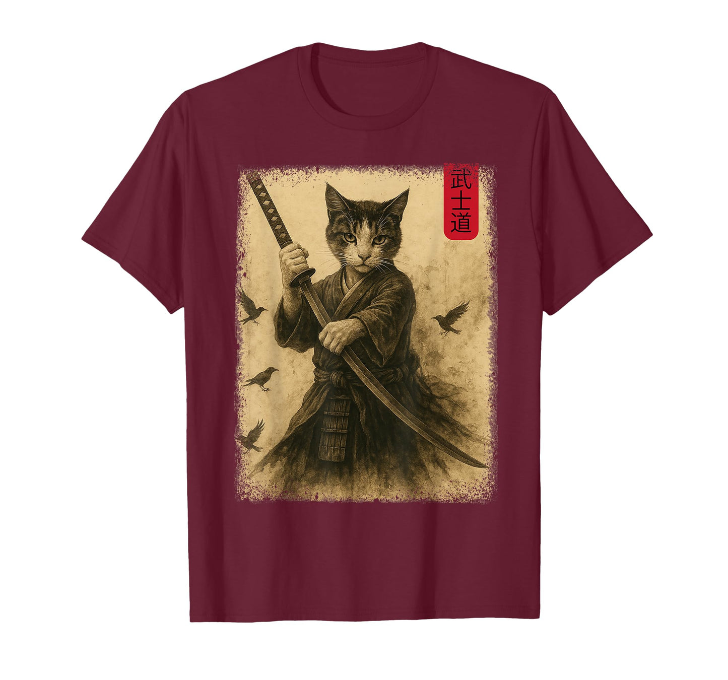 Samurai Cat Graphic Warrior Vintage Japanese Cat Anime T-Shirt for Men Women Kids