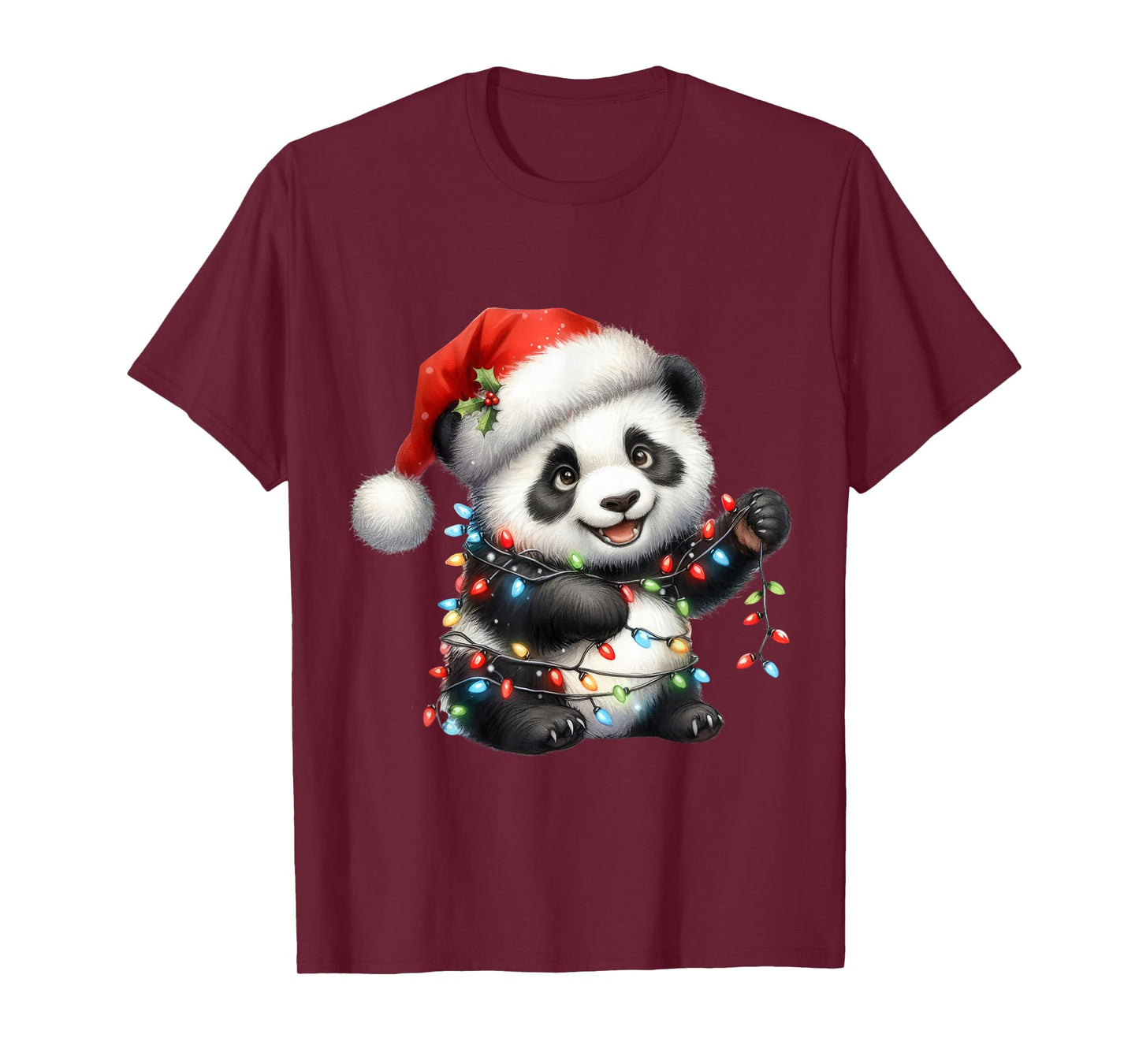 Panda Christmas Lights Funny Santa Hat Merry Xmas T-Shirt