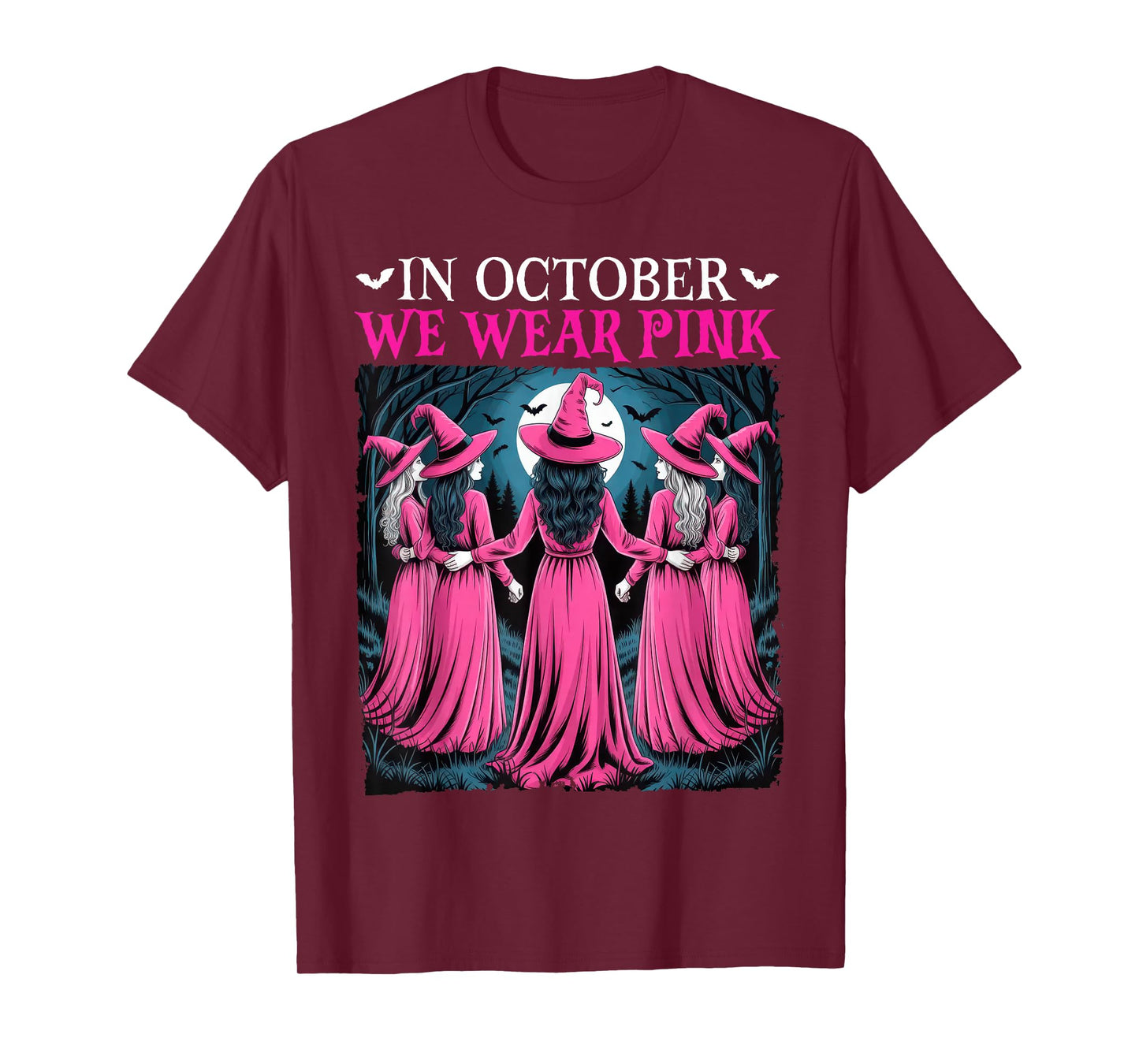 in October We Wear Pink Witch Halloween Breast Cancer Women T-Shirt