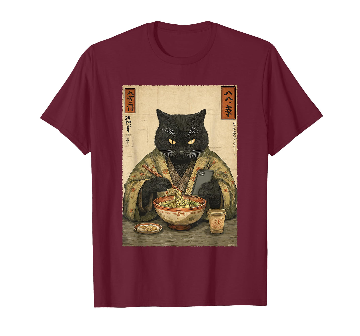 Samurai Cat Eat Ramen Scroll Phone Japanese Food Humor Art T-Shirt